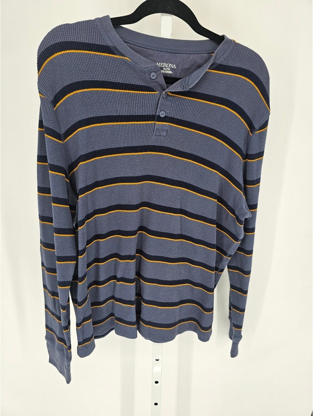 Merona Mens Sz XL Long Sleeve Waffle Knit T Shirt Blue Yellow Striped